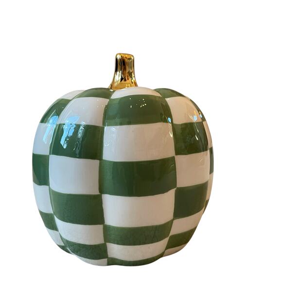 Green & White CHECKERED Pumpkin w/ Gold Stem 7in Ceramic Fall Home Decor New - Picture 6 of 11